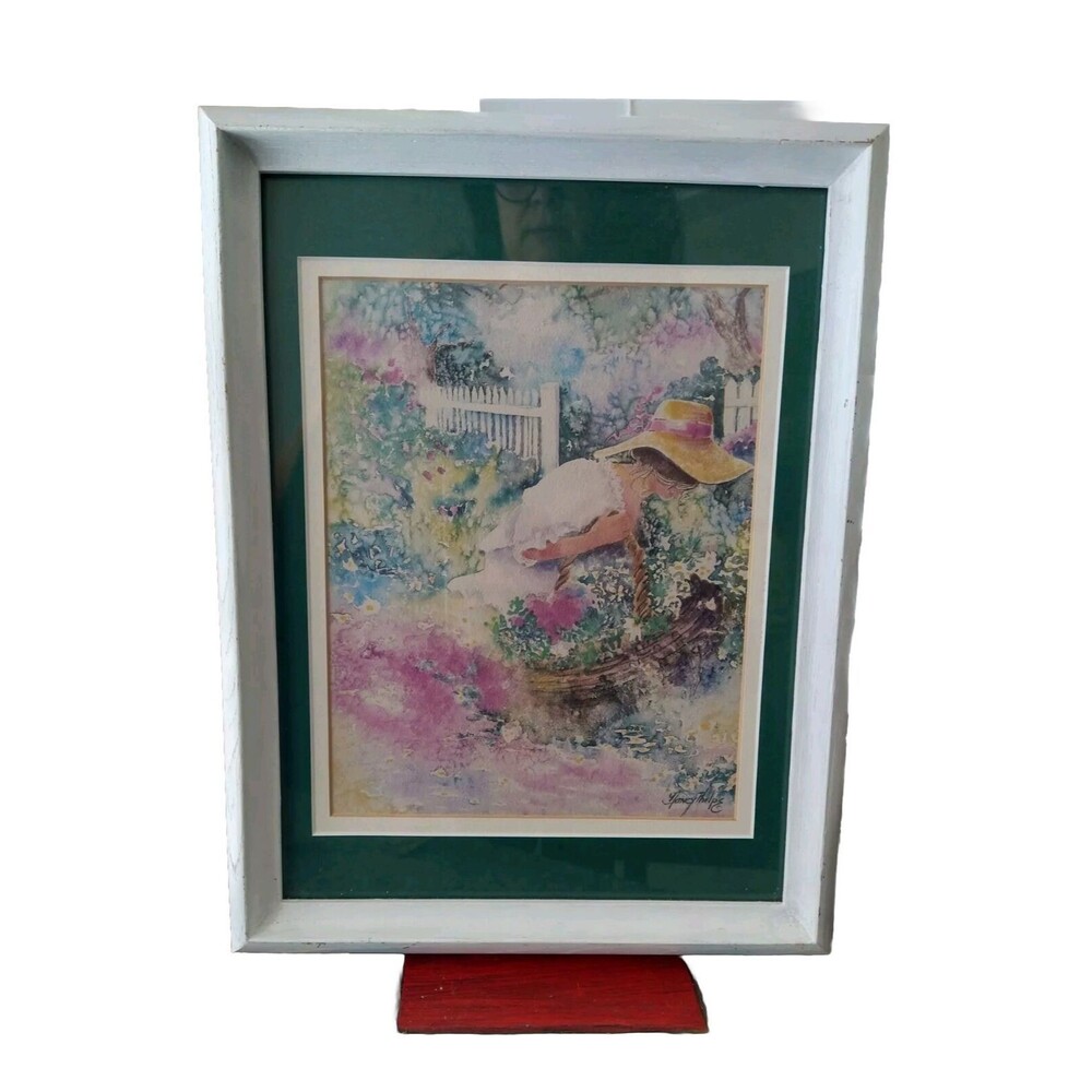 Rare Nancy Phelps Signed And Frame Watercolor Painting Lady In The Garden